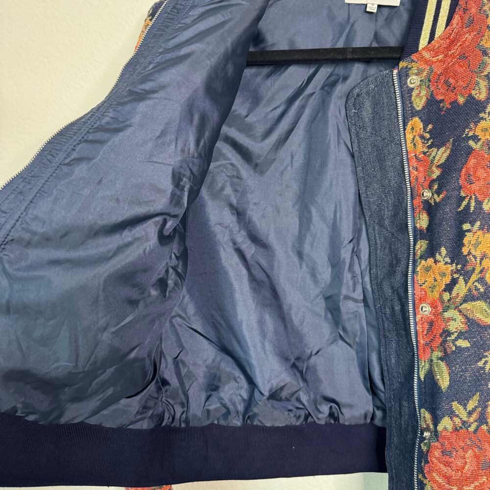 JOA Long Sleeve Floral Bomber Jacket Zip Up Navy Blue Lined Pockets Womens M - Picture 6 of 11